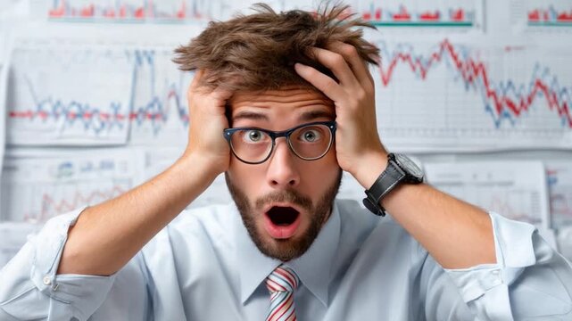 Financial Distress: A man in a state of distress, with wide eyes and a look of shock, surrounded by financial charts, perfectly captures the intense pressure and uncertainty of the economic world.