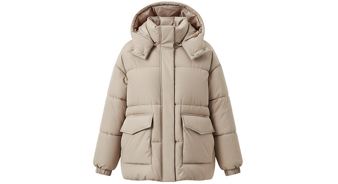 Neutral light taupe quilted puffer coat featuring an oversized design and a built-in hood, displayed on white.