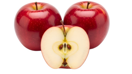 Red apples whole and half fruit isolated on transparent background