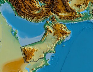 Relief map visualization highlighting terrain features of a geographic region bordered by waters