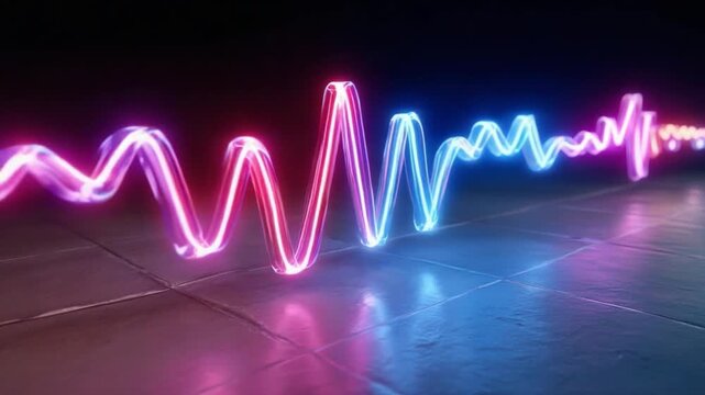 Vibrant Pulse: An electric waveform glows with radiant energy, depicting rhythm and sound. The animated neon wave is a visual representation of the auditory world. 