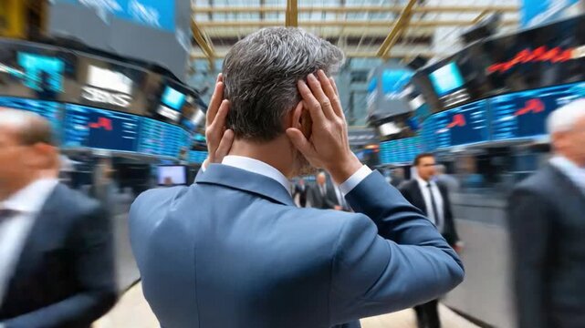 Financial Market Distress: A stockbroker, overwhelmed by the frenetic pace of trading, covers his ears, highlighting the pressure and stress of the financial markets.