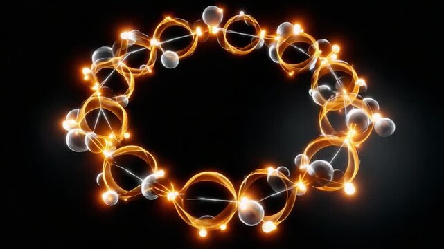 Atomic Structure: An abstract visual depiction of an atomic structure, formed by glowing spheres and interconnected circles against a dark backdrop.