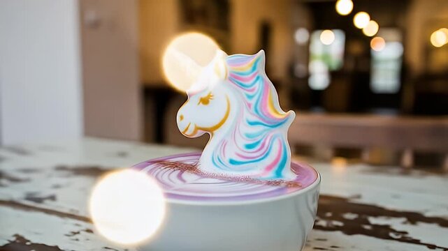 A whimsical latte art creation features a unicorn's head subtly emerging from a vibrant purple beverage, resting on a rustic white table, bokeh lights subtly blurring the background