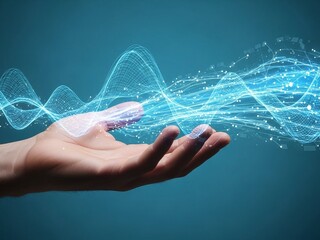 Stunning human hand generating vibrant blue digital data stream representing futuristic artificial intelligence and connectivity concepts