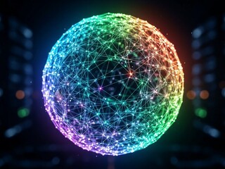 Stunning vibrant digital sphere of interconnected nodes represents global data network communication and futuristic technology concepts