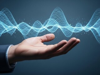 Dynamic glowing blue energy wave materializes above a businessman's open hand symbolizing digital innovation and future technology