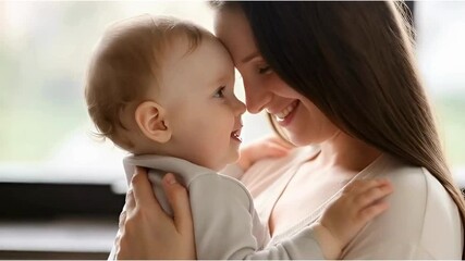 Loving mother with baby touching heads in a gentle embrace close up moment of maternal connection showing affection with newborn child motherhood family