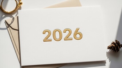 Elegant white greeting card displaying the year 2026 in luxurious golden lettering, set against a bright background with festive accents, symbolizing future aspirations and new beginnings