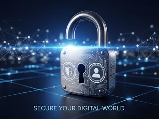 Stunning digital security padlock symbolizes robust data protection and confidential network access against a futuristic blue technology background