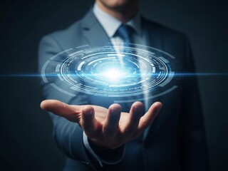 Professional businessman holding a stunning blue holographic interface projecting futuristic digital technology above his open palm