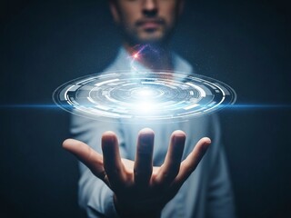 Dynamic professional manifesting futuristic glowing digital interface above an outstretched hand signaling innovation and advanced technology solutions