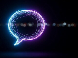 Stunning neon light trail forms an abstract speech bubble against a dark, futuristic city bokeh background suggesting digital communication and connection