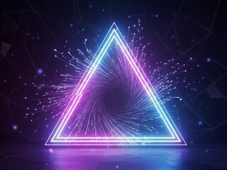 Stunning neon triangle portal glows with vibrant magenta and cyan energy trails in a dark futuristic digital space