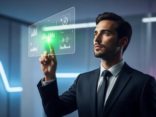 Confident businessman interacts with glowing futuristic holographic interface analyzing dynamic business data and charting future success