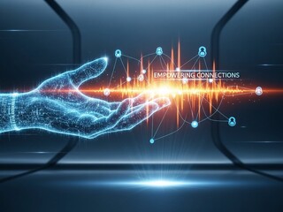 Stunning holographic hand projecting vibrant digital network connections illustrating futuristic data exchange and global teamwork concepts