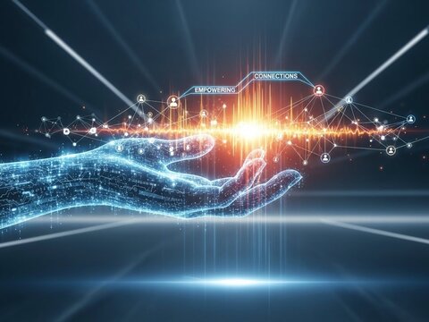 Stunning digital hand projects vibrant network connections and empowering energy flow across a dark futuristic interface - Powered by Adobe