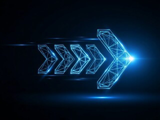 Dynamic glowing blue digital arrow moves forward through abstract dark space symbolizing fast progress and technological advancement
