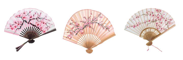Decorative hand fans with cherry blossom designs bamboo frames displayed