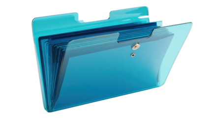 Expanding blue plastic file folder containing documents for office organization and storage, transparent background