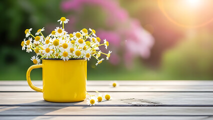 Spring - Chamomile Flowers In Teacup On Wooden Table In Garden
