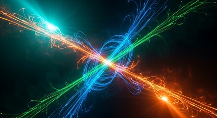 Stunning dynamic energy burst with vibrant neon light trails colliding in dark abstract space representing technology and innovation