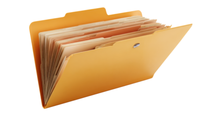 Expanding office file folder filled with documents and paperwork for business organization and record keeping on a transparent background