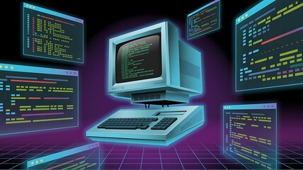 Retro computer terminal displaying green code on multiple floating screens.