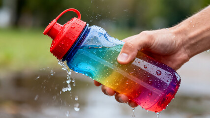 A hand holding a colorful, wet water bottle with water droplets, showcasing hydration and an active lifestyle. The rainbow gradient and splash of water create a refreshing and dynamic image.