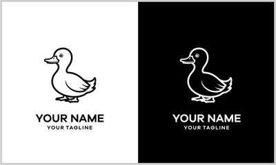 Minimalist line art duck logo design presented in two contrasting black and white versions with placeholder text.
