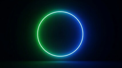 Glowing neon circle ring with blue and green light on dark stage.
