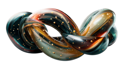 Fluid abstract knot creating a dynamic intertwined glossy form with iridescent colors and golden spheres, transparent background