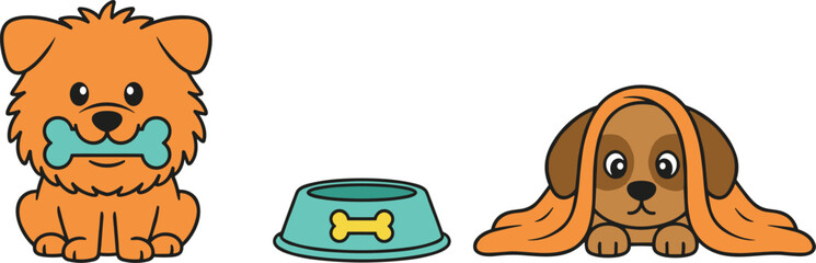 Cute and colorful vector illustration of cartoon dogs with pet care items, featuring an orange fluffy puppy holding a bone in its mouth, a turquoise bowl with a bone icon