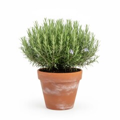 Potted rosemary and green grass houseplant isolated on white for fresh herbal botany
