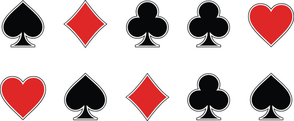 Comprehensive set of classic playing card suit icons, including solid and outline styles of spades, hearts, diamonds, and clubs, for gaming and graphic design projects.