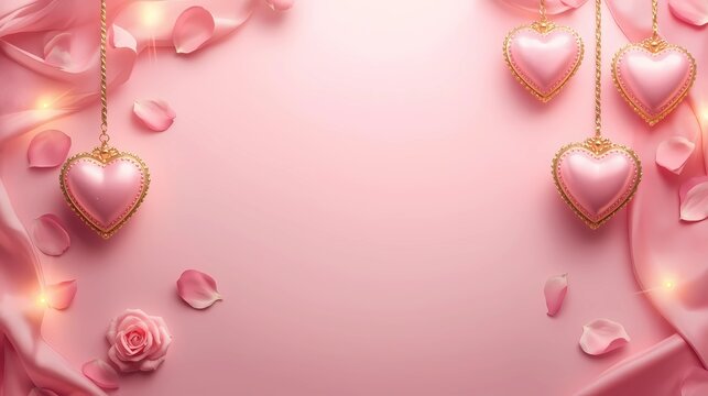 "Luxury Valentine background with soft pink&ndash;gold tones, elegant heart ornaments, glowing romantic lights, delicate rose petals, smooth gradients, and a clean empty space for text. Premium, unique, cla