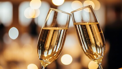 Two champagne flutes clinking together in a festive setting with blurred golden lights, symbolizing celebration and joy.