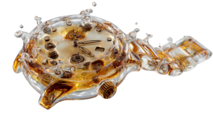 Abstract wristwatch dissolving into a viscous golden fluid, representing flowing time and transformation with a splash