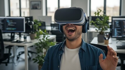 Excited man wearing virtual reality headset and headphones in a modern office environment, experiencing immersive digital world.