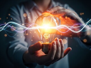 Brilliant entrepreneur captures electrifying new idea with glowing lightbulb symbolizing innovation and startup energy