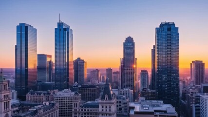 Aerial view of a city skyline with skyscrapers during a sunset, bathed in warm light
