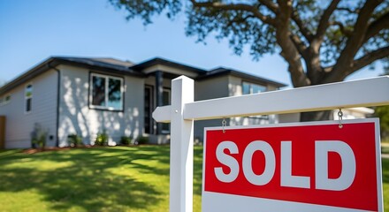 Fototapeta premium House is Sold Real Estate Sign in Front of a Beautiful Modern Home
