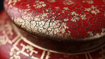 Close Up Of Red Ceramic Pot With Golden Crackle Glaze And Intricate Designs