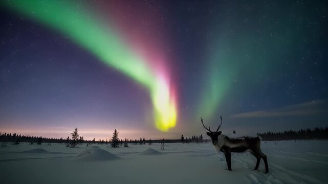 Snowy field with reindeer under colorful aurora borealis lights in the night sky