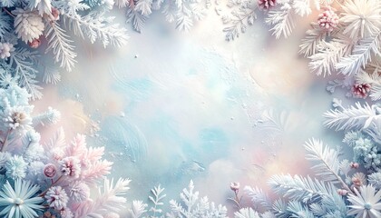 Christmas background. Winter holiday border. Snowy floral pattern. Pastel color texture. White space for text. Vector illustration for holiday greeting card, invitation, or festive design.