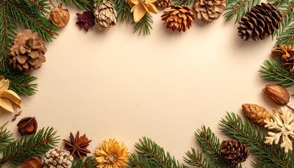 Christmas border frame. Holiday decoration with pine branches, pinecones, and ornaments. Seasonal background with natural elements. Winter festive illustration. Beige background. Vector