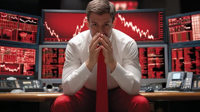 Financial Crisis: A trader is consumed by the stark reality of financial losses in a sea of red screens, embodying the emotional weight of market volatility