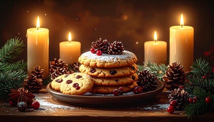 Christmas cookies on a plate. Stack of sweet biscuits. Holiday dessert with candles. Christmas treats on a table. Festive baked goods. Cookies with icing and pine cones. Winter holiday food.