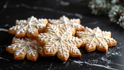 Snowflake cookies with white icing. Christmas cookies on black marble surface. Snowy pine branch in background. Baked sweet treats. Festive holiday dessert. Cookie pile. Iced snowflake