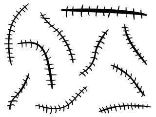 Hand drawn scar set. Stitches collection. Vector illustration. Halloween concept.
